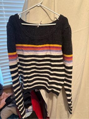 Striped Black and White Crewneck Sweater with Colorful Accent